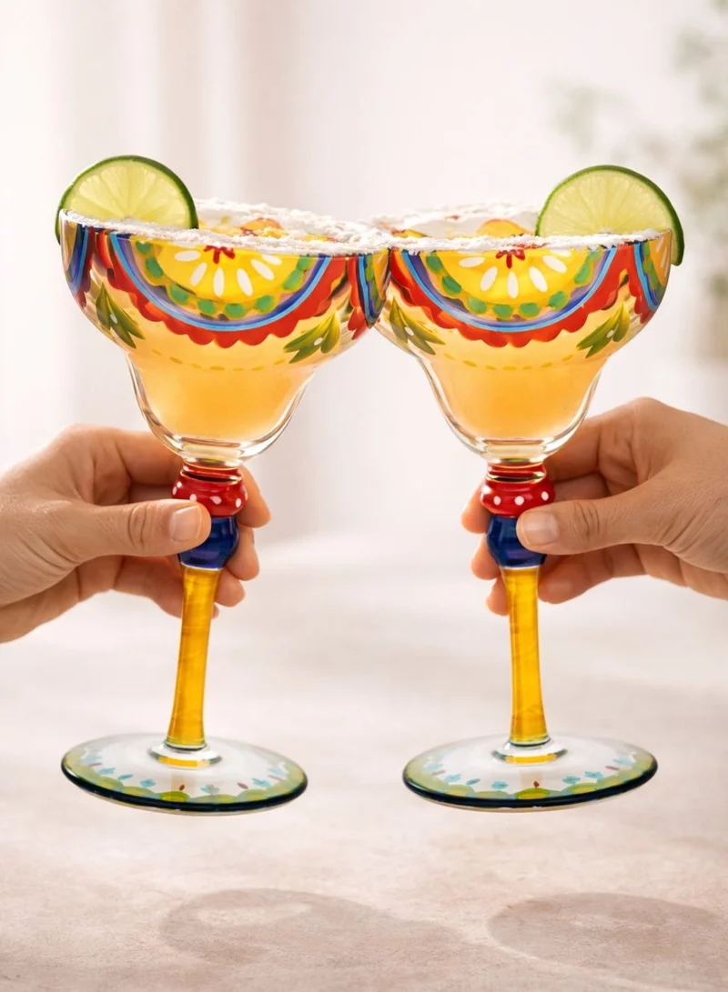 1Chase Clear Hand Painted Margarita Glasses Moroccan Collection, Orange Blossom Design 270ML Set of 2, Artisan Decorative Cocktail Glassware, Unique Kitchen Table Décor Glasses  | Best Price UAE